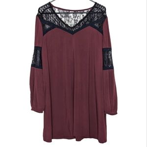 Express Womens Burgundy Lace V Neck Long Sleeve Mini Whimsygoth Dress Size Large